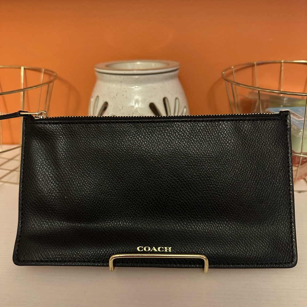 COACH Black Leather Zip Pouch Clutch